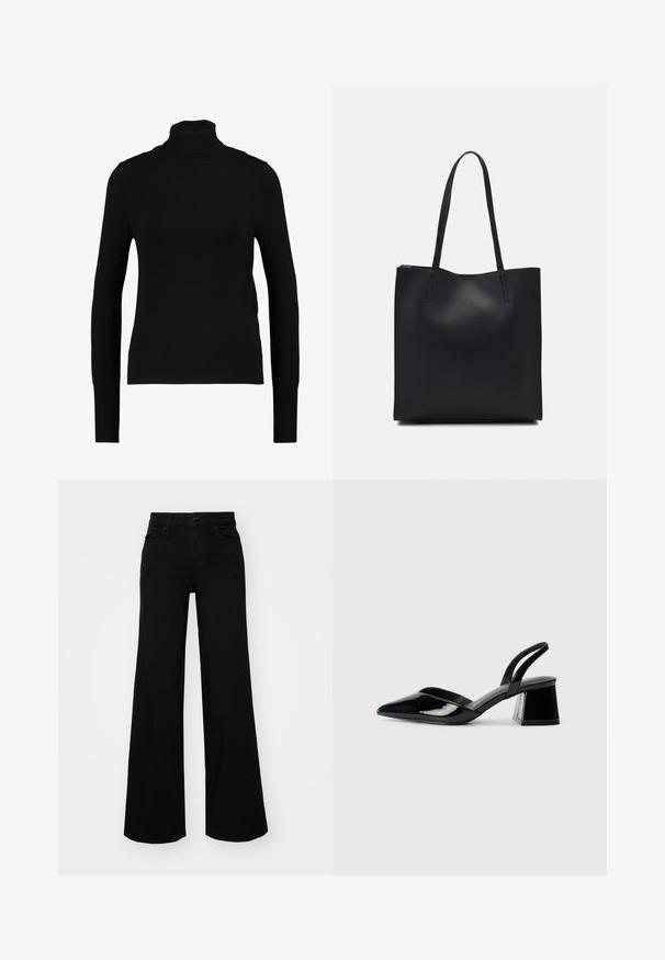 Fekete, hosszú ujjú, felső nyakú pulóver könnyű, bordás kötött anyagból; testhez simuló fazonú, magas nyakkal rendelkezik, további díszítések nélkül.; Fekete, bő szárú farmernadrág, amelynek állítható derékrésze van, övhurkokkal és elülső zsebekkel. Simaság jellemzi, klasszikus dizájnnal.; Fekete lakk bőr szandálkés magas sarkú cipő, hegyes orral és geometrikus tömbsarkakkal. Karcsú, minimalista dizájn és sima textúra jellemzi.; Fekete bőrtáska sima felszínnel, téglalap alakú, két hosszú füllel. Nincs látható fémkiegészítő vagy díszítés.