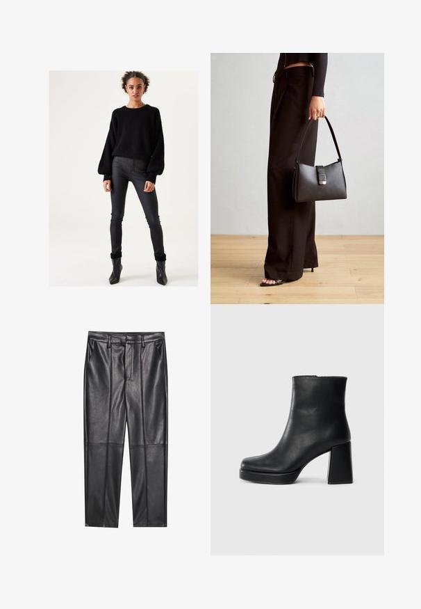 Schwarzer Strickpullover mit übergroßen Ärmeln, kombiniert mit hochgeschnittenen schwarzen Lederhosen und eleganten schwarzen Stiefeletten. Glatte Textur, taillierte Passform.; Schwarze Lederhosen mit glatter Textur, gerader Passform, zwei Fronttaschen und sichtbaren Nahtdetails.; Schwarze Leder-Stiefelette mit Blockabsatz und Plattformsohle, seitlich auf einem schlichten weißen Hintergrund betrachtet.; Schwarze Handtasche mit strukturierter Form, glatter Textur und einem metallischen Verschluss. Kombiniert mit weiten schwarzen Hosen und offenen Sandalen auf einem Holzboden.