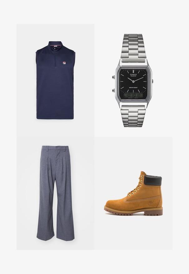 Granatowy bezrękawnik z zamkiem, wykonany z fakturowanej tkaniny, z małym czerwono-białym logo po lewej stronie klatki piersiowej.; Szare spodnie w prążki o szerokim kroju, z zakładkami z przodu i gładką fakturą. Brak widocznych elementów metalowych lub akcentów.; Beżowe zamszowe botki sięgające kostki z czarną wyściełaną krawędzią, złotymi oczkami, białymi detalami szycia oraz wytrzymałą gumową podeszwą z wyraźnym bieżnikiem.; Srebrny zegarek kwarcowy ze stali nierdzewnej z czarną prostokątną tarczą, wyposażony w analogowe wskazówki, wyświetlacz cyfrowy oraz oznaczenie odporności na wodę.