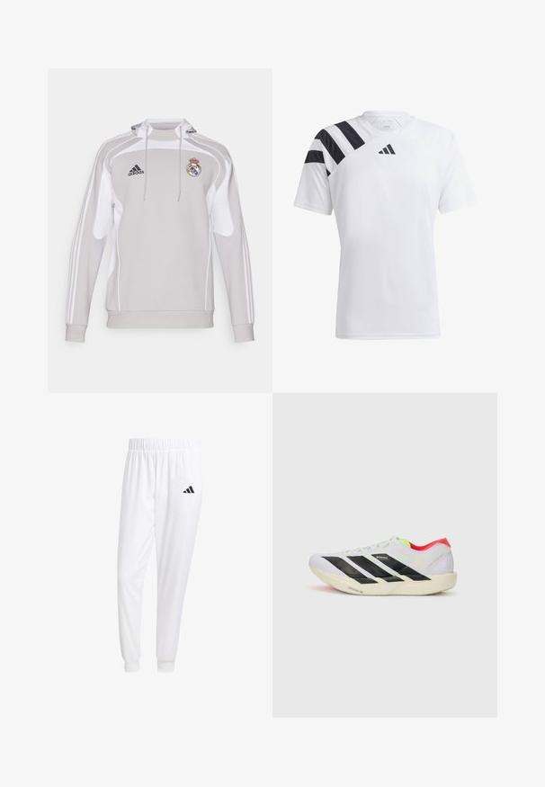Grå hættetrøje med hvide detaljer, der har Adidas-logo og Real Madrid-logo. Lavet af glat, strækbart stof med lange ærmer.; Hvid letvægts atletisk skjorte med sorte striber på venstre skulder og sort logo på brystet. Kortærmet, med rund halsudskæring.; Hvide sportsbukser lavet af glat stof, med elastisk talje og tætsiddende manchetter, og med et sort logo på baglommen.; Hvid løbesko med sorte striber, neon grønne detaljer og en rød hæl. Har et let design og en struktureret sål for bedre greb.