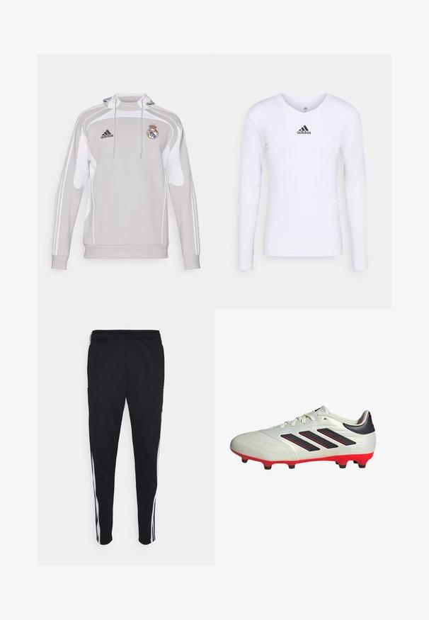 Grauer Kapuzenpullover mit weißen Akzenten, versehen mit dem Adidas-Logo und dem Wappen von Real Madrid. Hergestellt aus glattem, dehnbarem Stoff mit langen Ärmeln.; Langärmliges weißes Sportshirt aus glattem Material mit einem schwarzen Adidas-Logo auf der Brust; V-Ausschnitt-Design und figurbetonte Form.; Schwarze Sporthosen mit lockerer Passform, versehen mit weißen Seitenstreifen, einem Kordelzugbund und zwei Seitentaschen. Hergestellt aus weichem Stoff.; Weißer Fußballschuh mit schwarzen Akzenten und roter Sohle. Verfügt über drei schwarze Streifen an der Seite und ein glattes Obermaterial.