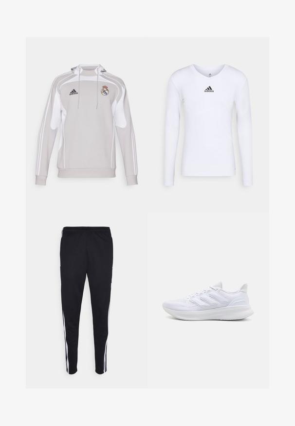 Sweatshirt à capuche gris avec des accents blancs, arborant le logo Adidas et le blason du Real Madrid. Fabriqué en tissu lisse et extensible avec des manches longues.; T-shirt de sport à manches longues, blanc, en matériau lisse, avec un logo Adidas noir sur la poitrine ; design en V et coupe ajustée.; Pantalons de sport noirs avec une coupe décontractée, dotés de bandes latérales blanches, d'une taille élastique avec cordon de serrage, et de deux poches latérales. Fabriqués en tissu doux.; Chaussures de sport blanches avec un dessus en mesh texturé, une semelle rembourrée et un design à trois bandes sur le côté.