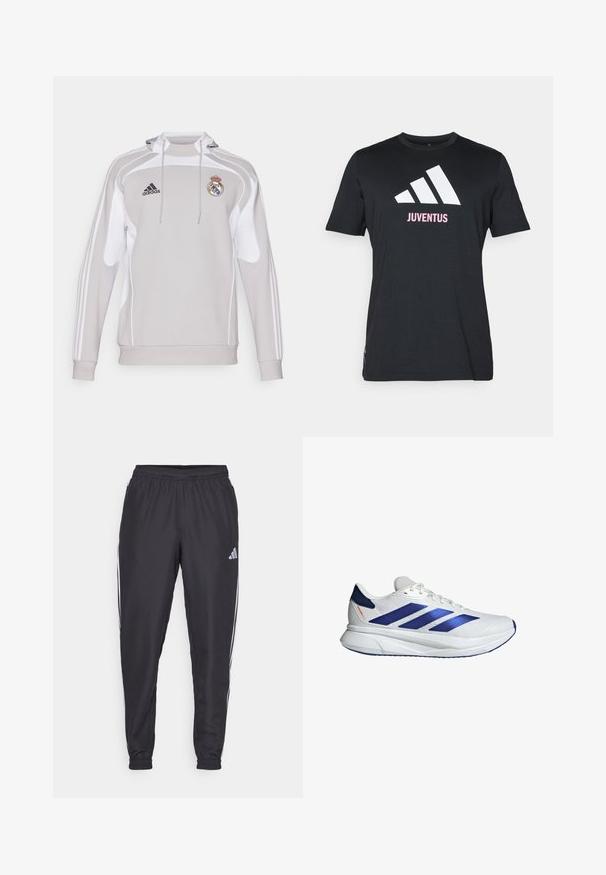 Siva dukserica s kapuljačom s bijelim detaljima, s adidas logom i grbom Real Madrida. Izrađena od glatkog, rastezljivog materijala s dugim rukavima.; adidas Performance JUVENTUS TURIN SEASONAL GRAPHIC TEE - Klupska odjeća - black; Crne sportske hlače s elastičnom gumicom u struku, s bijelim prugama uz bokove i malim logotipom na kuku. Glatka tekstura.; Bijele sportske cipele s plavim akcentima, mrežastim gornjim dijelom, tri plave pruge, zaobljenim vrhom, laganom potplatu i hrapavom površinom za prianjanje.