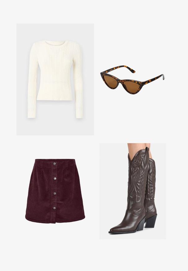 Grietos kabelių rašto megztinis su ilgomis rankovėmis, apvaliu kaklu ir raukšlėtu apatine dalimi. Audinio tekstūra turi pakylėtų raštų visame paviršiuje.; Vyno raudonos kordūroja mini sijonas su A formos siluetu, turintis penkis sidabrinius mygtukus priekyje ir subtilią raukšlių tekstūrą.; Rudos odinės kaubojaus batai su smailiu priekiu ir blokuotu kulnu, pasižymintys detaliu siuvinėjimu ir iškiliais akcentais ant ašies.; Katės akies saulės akiniai su juodu ir oranžiniu šarvuotu rėmeliu, ruda objektyvu ir elegantiškais, smailiais galiukais. Rėmelyje yra minimalus logotipas ant šventės.