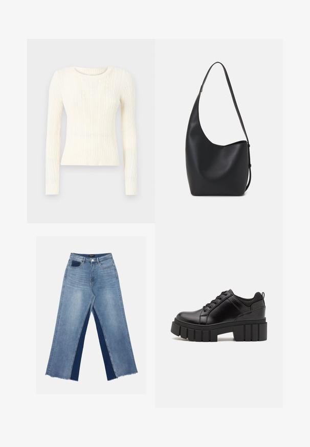 Krémszínű, kábelmintás pulóver hosszú ujjakkal, kerek nyakkal és bordázott aljjal. Az anyag textúrája emelt mintákkal rendelkezik.; Világoskék, bőszárú farmernadrág, kontrasztos sötétkék panelekkel, szálkás szegélyekkel, valamint normál derekú, fém gombos záródással.; Fekete bőr platform cipők vaskos blokk sarkakkal, kerek orral és hagyományos fűzős kialakítással. Simára csiszolt felület és minimális részletezés jellemzi.; Fekete bőr hobo táska sima textúrával, ívelt formával és egyetlen állítható pánttal; széles nyílás található a tetején.