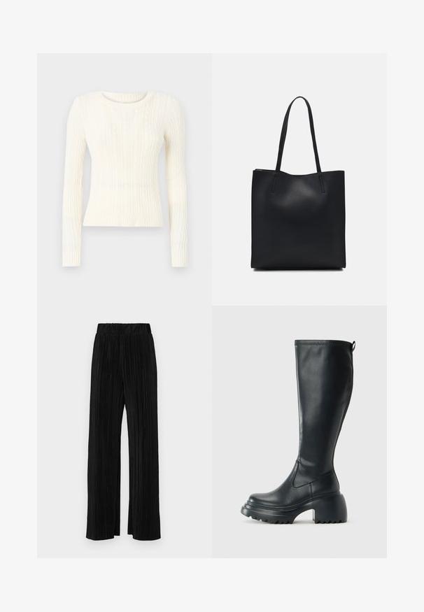 Cream cable-knit sweater with long sleeves, round neck, and ribbed hem. Fabric texture features raised patterns throughout.; Black pleated trousers with an elastic waistband. Features wide legs and a smooth, textured fabric with vertical stripes.; Tall black leather boot with chunky platform sole and block heel, featuring pull tab and textured tread on outsole.; Black leather tote bag with smooth texture, rectangular shape, and two long handles. No visible hardware or embellishments.