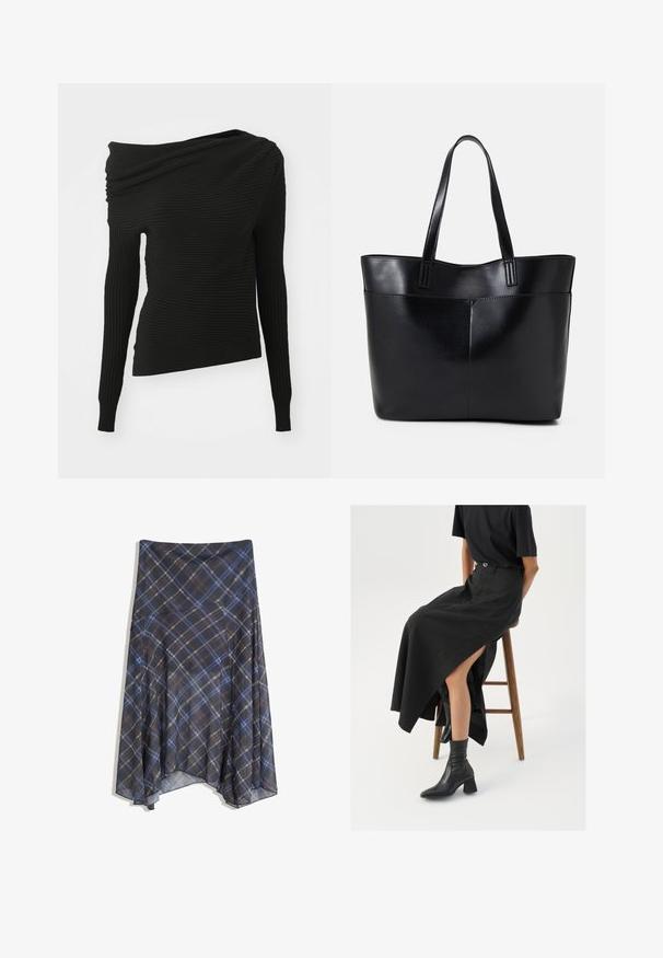 Schwarzes Longsleeve-Oberteil mit gerippter Textur. Asymmetrisches Design mit einem drapierten Schulterbereich. Enganliegende Silhouette und gerader Saum.; Schwarzer Karorock mit blauen und braunen Linien, fließendes Design, knielang, aus leichtem Stoff mit glatter Textur.; Schwarzer Leinen-Maxi-Rock mit hohem Schlitz, getragen mit einem schwarzen T-Shirt und schwarzen Knöchelstiefeln. Minimalistisches Design mit lockerer Passform.; Schwarze Leder-Shopper-Tasche mit zwei langen Griffen, einer glatten Textur und einer strukturierten Form. Verfügt über eine Vordertasche für zusätzlichen Stauraum.; Goldfarbene Ohrringe mit einer glatten, runden Form, die eine reflektierende Oberfläche und einen Steckverschluss für sicheren Halt aufweisen.