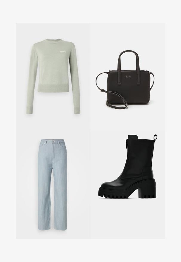 Hele roheline kudum, pikkade varrukatega, ümmarguse kaelusega ning ribakujuliste mansettide ja alläärega. Ees on valge tikand logoga.; Heledad sinine sirge säärtega teksapüksid, mis on valmistatud denimkangast. Omab viit taskut, metallist nupuga sulgemist ja õrna kulumist tekstuuri jaoks.; Mustad mustan nahast pahkluu saabas, millel on jäme tulbi tall, plokk-kant, külgzip ja tõmbenööri tagaküljel, lihtsa valge taustaga.; Musthave mustrans vöö ja eemaldatav õlarihm. Gludike nahk siledaga, millel on tõmblukk ja logo detail.