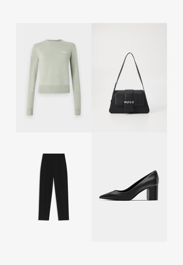 Maglione lavorato a maglia verde chiaro con maniche lunghe, scollatura rotonda e polsini e orlo a costine. Presenta un logo ricamato bianco sul petto.; Pantaloni neri a taglio dritto, con doppie pieghe, una texture liscia e un design classico in vita. Nessun hardware o dettaglio visibile.; Decolleté in pelle nera con punteggiatura e tacco quadrato spesso. Texture liscia, design semplice, adatto per ambienti formali.; Borsa a tracolla in pelle nera dalla forma triangolare, con patta frontale, dettagli in argento e logo impresso "HUGO". Manico singolo.