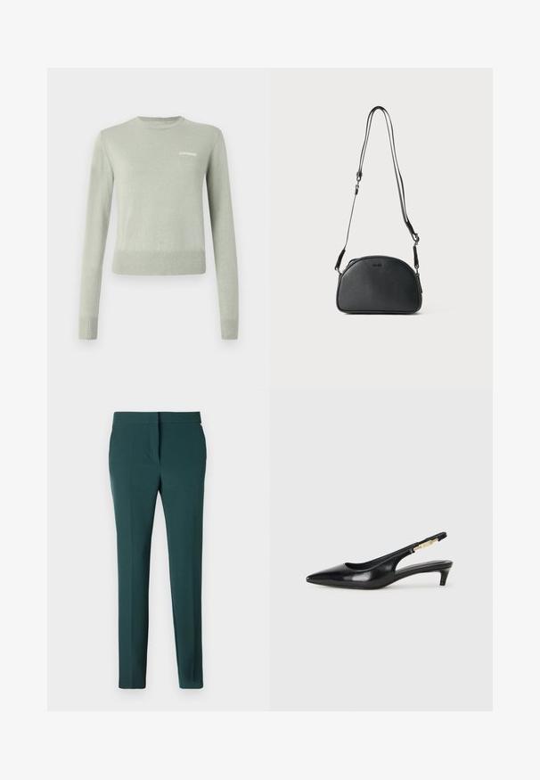 Suéter de punto de color verde claro con mangas largas, cuello redondo y puños y dobladillo acanalados. Presenta un logo bordado en blanco en el pecho.; Pantalones de mujer ajustados en verde oscuro con una cinturilla lisa y cierre frontal oculto, exhibidos sobre un fondo blanco.; Tacones negros de piel sintética tipo slingback con punta afilada, que cuentan con un tacón delgado y un detalle en tono dorado en la correa ajustable. Textura suave.; Bolso bandolera de cuero negro con forma redondeada, dos correas ajustables y un logo sutil en la parte frontal. Exterior texturizado, diseño minimalista.