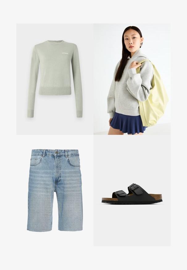 Lichtgroene gebreide trui met lange mouwen, ronde hals en geribbelde boorden en zoom. Gekenmerkt door een wit geborduurd logo op de borst.; Leren denim shorts in lichtblauw, met een klassieke vijf-pocket stijl, knoopsluiting, recht model en subtiele vervaging op de stof.; Zwarte sandalen met twee verstelbare riemen, kurken voetbed en een gegroefde rubberen buitenzool. Heeft een platte, open structuur voor gemakkelijk aan- en uittrekken.; Grijze oversized hoodie met een buideltas, gecombineerd met een marineblauwe vlaggenrok. Accessoire: grote lichtgele rugzak, gladde textuur.