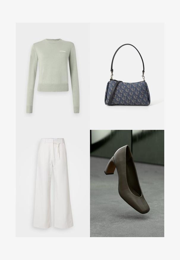 Světle zelený pletený svetr s dlouhými rukávy, kulatým výstřihem a ribbovanými manžetami a lemem. Na hrudi se nachází bílé vyšívané logo.; DAY Birger et Mikkelsen TERRI SOLID - Kalhoty - cloud cream; Tmavě olivově zelená kožená vysoká bota na podpatku se čtveratou špičkou a blokovým podpatkem, levitující nad šedou betonovou podlahou s rozmazaným zeleným pozadím.; Modrá vzorovaná taška vyrobená z látky, s oblým tvarem, černým koženým popruhem a logem v světlejším odstínu.