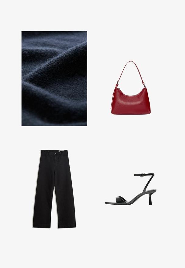 Marinblå ulltyg med en mjuk, texturerad yta, som har försiktiga veck och en lätt glans som framhäver dess varma och mysiga kvalitet.; Svarta vida denimbyxor med hög midja, med fram- och bakfickor, sydda sömmar och knappstängning. Slät textur.; Bershka Sandaletter - black; Röd läderaxelväska med en rundad design, slät yta och dragkedjestängning. Den har ett tunt handtag för bärande.