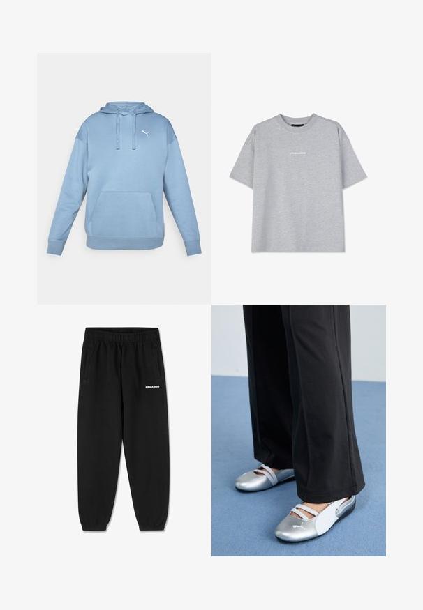 Šviesiai mėlynas džemperis pagamintas iš minkštos medžiagos, su priekiniais kengūros tipo kišenėmis, reguliuojamu gobtuvu ir mažu baltu logotipu krūtinėje.; Pilkas medvilnės marškinėliai trumpomis rankovėmis, turintys apvalią iškirptę ir mažą baltą "PEGADOR" logotipą priekyje. Sklandi tekstūra, laisvas siluetas.; Juodos sportinės kelnės, pagamintos iš minkštos medžiagos, su raišteliu juosmenyje, siaurėjančiomis kojomis ir šoninėmis kišenėmis. Priekyje yra baltas "PEGADOR" logotipas.; Sidabrinės ir baltos plokščios bateliai su kryžminiais dirželiais ir tekstūruotu raštu, derinami su laisvais juodais kelniais. Fonas - mėlyna grindų danga.