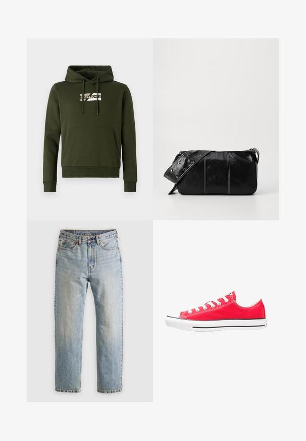 Õlivihmane kapuutsiga sviiter, mis on valmistatud pehmest kangast, ees on tasku, soonilised varrukad ja nöörid, rinnal valge logo.; Heledad hele sinine teksapükste kõrge vöökoht, ees nupuga, lukuga ja viie taskuga disain, asetatud tasasele neutraalsele taustale.; Punane kangast jalats, millel on valge kummist varbaosa ja põhjaosa. Omab viit paari valgeid silmade augud, mustamust triip küljel ja tekstureeritud pind.; Must mustra nahkainine õlakott, millel on tõmblukk, tekstureeritud pind, valged õmblused ja rihm hõbedaste rõngastega.