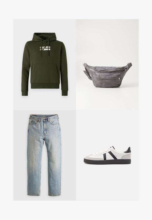 Olivno zeleno hooded jopico iz mehkega materiala, s sprednjim kenguru žepom, rebrastimi manšetami in vrvico, na prsih pa je bela znamka.; Svetlo modri džins hlače z visokim pasom, sprednjim gumbom, zadrgo in petimi žepi, laid flat na nevtralni podlagi.; Bela športna obutev z črnimi in sivo akcenti, z teksturirano sivo kapico za prste, črnim gumijastim podplatom in ravnimi belimi vezalkami. Čista zasnova, minimalistični slog.; Sivkasta zamšasta torbica s okroglo obliko, dvema žepoma na zadrgo in nastavljivim trakom. Ima kovinske dodatke.