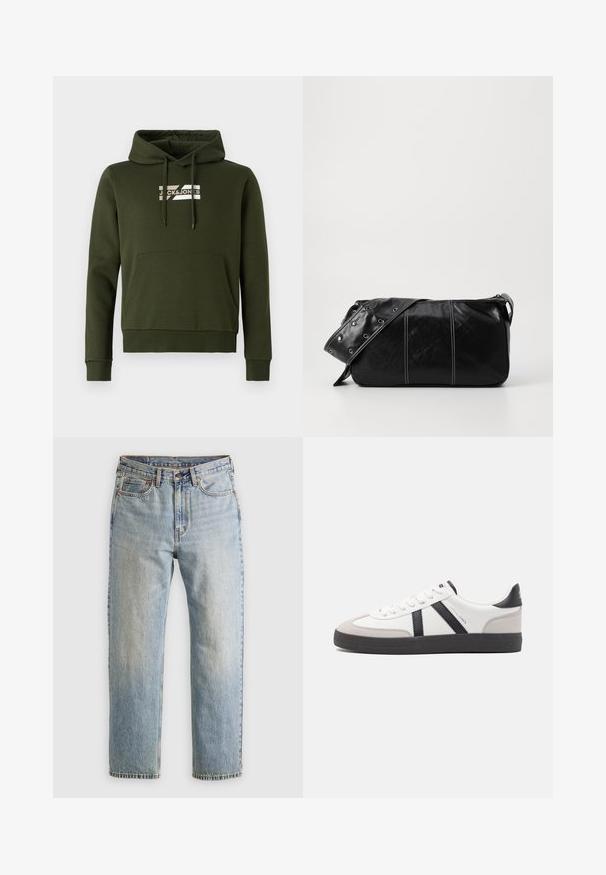 Hoodie vert olive en tissu doux, doté d'une poche frontale de type kangourou, de poignets côtelés et de cordons de serrage, avec un logo blanc sur la poitrine.; Jean en denim bleu clair à taille haute, avec bouton avant, fermeture éclair et design à cinq poches, posé à plat sur un fond neutre.; Baskets blanches avec des accents noirs et gris, présentant un embout texturé gris, une semelle en caoutchouc noir et des lacets plats blancs. Design épuré, style minimaliste.; Sac à épaule en cuir noir avec une fermeture éclair, doté d'un corps texturé, de coutures blanches et d'une sangle avec des œillets en argent.