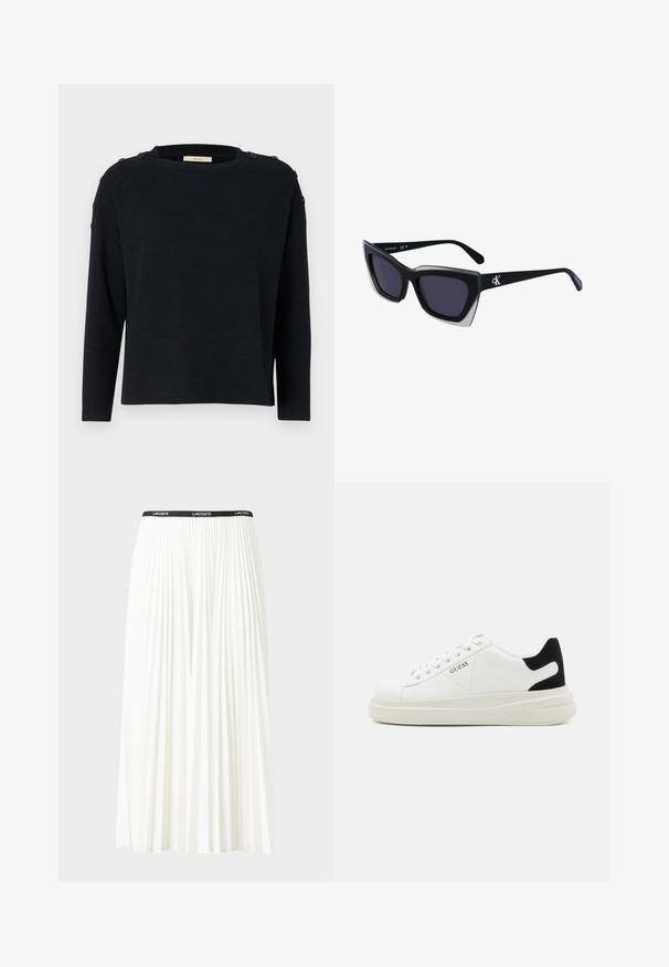 Dunkelblauer Pullover, gestrickte Textur, runder Ausschnitt, lange Ärmel, Schulterknöpfe. Schlichtes Design mit lässiger Passform.; Faltenrock aus Weiß mit einem schwarzen elastischen Bund, der das "LACOSTE"-Logo trägt. Mittellanges Design mit weicher Textur.; Weiße Leder-Sneaker mit einer dicken weißen Sohle, schwarzem Wildlederakzent an der Ferse und geprägtem Logo an der Seite. Schnürdesign mit sechs Ösen.; Schwarze übergroße Sonnenbrille mit geometrischer Form, ausgestattet mit dunklen Gläsern und einem kontrastierenden grauen Detail im Rahmen. Logo am Bügel.