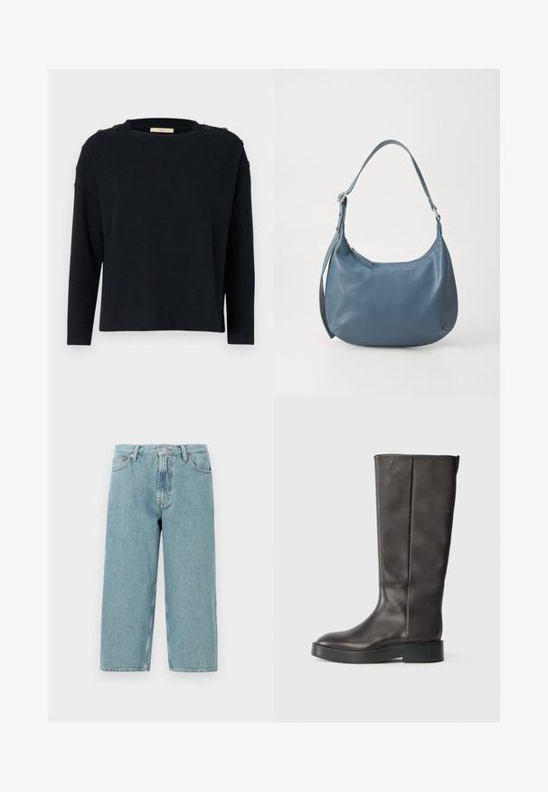 Sweater azul marinho escuro, textura tricotada, decote redondo, mangas longas, botões nos ombros. Design simples com um corte relaxado.; Shorts de denim azul claro com cintura alta, corte reto e bainha desfiada. Apresenta um fecho clássico de botão e zipper, além de quatro bolsos.; Bota de couro preta até o joelho com sola grossa e logo discreto da Calvin Klein próximo à borda superior, vista de lado.; Bolsa de couro azul com formato arredondado, alça única para o ombro, fecho em zíper e nome da marca em relevo na parte da frente. Textura suave.