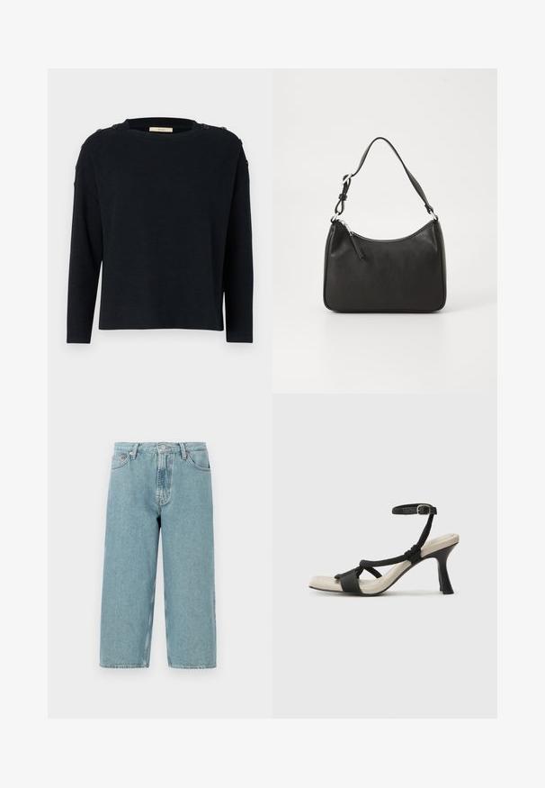 Maglione blu scuro, texture lavorata a maglia, scollatura rotonda, maniche lunghe, bottoni sulle spalle. Design semplice con vestibilità comoda.; Shorts in denim azzurro chiaro con vita alta, taglio dritto e orlo grezzo. Presentano una chiusura classica con bottone e zip, quattro tasche.; Sandal con tacco nero e design con cinturino intrecciato, punta quadrata e cinturino alla caviglia regolabile. Soletta beige chiaro con tacco nero lucido.; Borsa a tracolla in pelle nera con forma curva, una tracolla singola, chiusura con zip e marchio discreto sul fronte. Texture liscia, design minimalista.