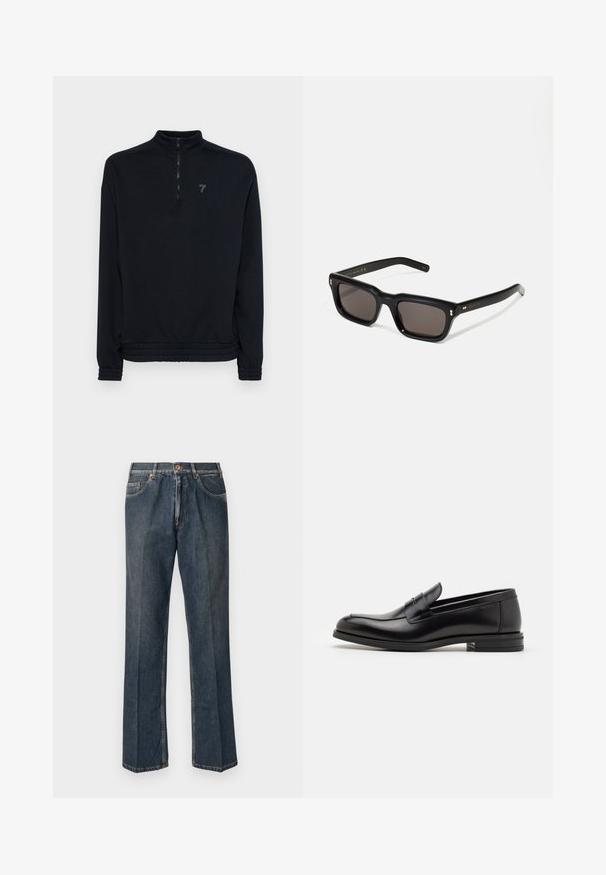 Fekete zipzáras kapucnis pulóver magasGallérral, rugalmas mandzsettákkal és aljjal. Diszkrét logó található a mellkason. Puha, texturált anyag.; Tengerészkék, rövid ujjú póló, fehér "neanche per sogno" felirattal, középen a mellkason, kerek nyakkal, közepes méretben.; Sötétkék egyenes szárú farmernadrág elülső gombbal, cipzáros behúzással, dupla elülső zsebekkel és lábszárakon látható függőleges ráncokkal.; Fekete bőr loaferek sima textúrával, kerek orral és dekoratív pánttal a vampnál. Alacsony, rétegelt sarkú, minimalista dizájn.; Fekete téglalap alakú napszemüveg sötét lencsékkel, vastag műanyag keret, arany díszítések a szárakon, és a márka logója gravírozva a szára.; Fekete bőr keresztpántos táska hajtókával, ezüst színű kiegészítőkkel és két kerek díszítéssel. Levehető pánttal rendelkezik. Simább textúrájú.