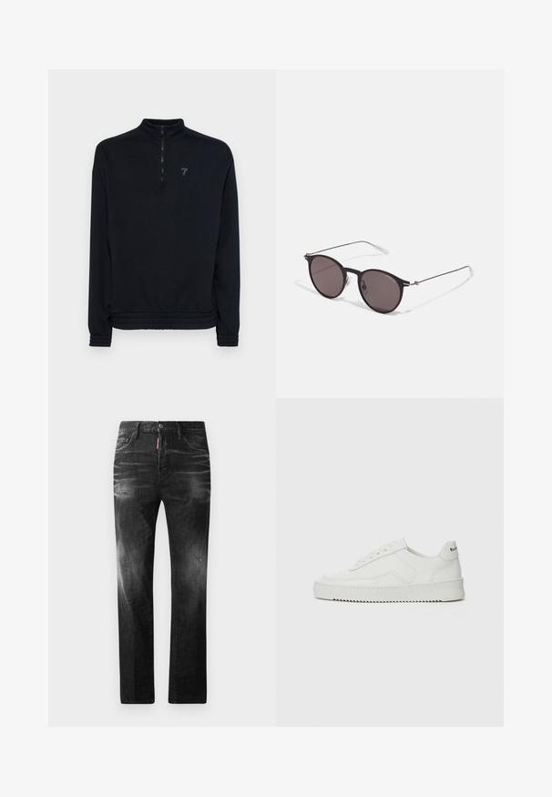 Černá zipová mikina s vysokým límcem, elastickými manžetami a spodním lemem. Obsahuje diskrétní logo na hrudi. Měkký, strukturovaný materiál.; Černé džíny z denimu se rovnými nohavicemi. Obsahují vybledlé oblasti, drobné poškození, klasický pětikapsový design a zapínání na knoflík.; Bílé kožené tenisky s hladkým povrchem, kulatou špičkou, plochými tkaničkami a texturovanou podrážkou. Na patě se nachází nenápadné logo.; Černé kulaté sluneční brýle s tmavými skly a tenkými kovovými nohami. Obsahují průhledné koncovky nožiček a stříbrné akcenty na pantu. Minimalistický design.