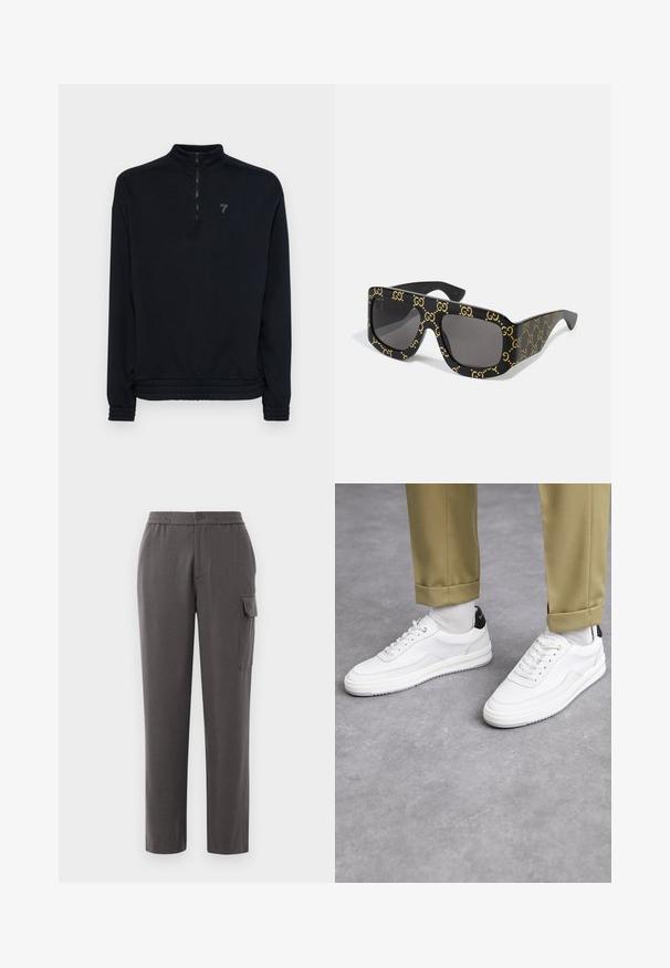 Svart zip-up sweatshirt med hög krage, elastiska ärmslut och nederkant. Har en subtil logotyp på bröstet. Mjukt, strukturerat material.; Grå byxor med avslappnad passform, tillverkade av ett slätt tyg. Har knappstängning, sidofickor och en cargoficka på benet.; Vita sneakers med en texturerad läderfinish, rund tå och svart häldetalj. Gummisul med litet mönster och sydd detalj.; Svarta solglasögon med överdimensionerade fyrkantiga bågar som har ett upprepande guld "GG" logomönster. Grå linser med en slät yta.