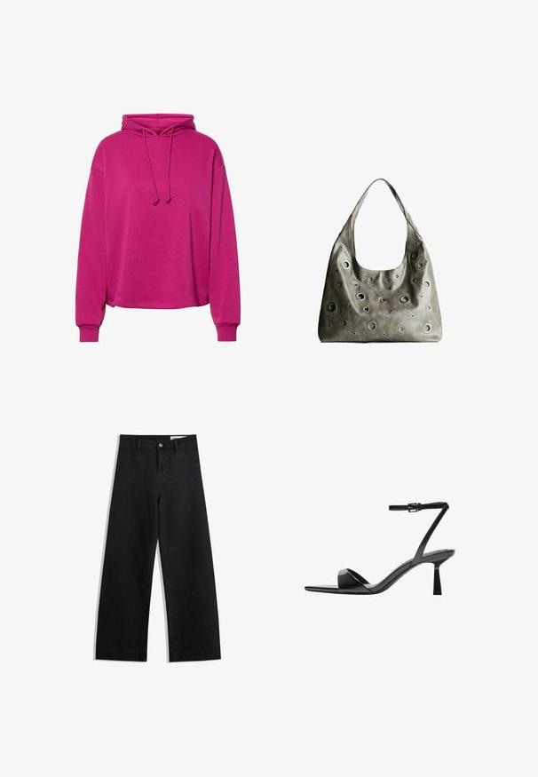 Púder rózsaszín kapucnis pulóver puha anyagból. Lazán illeszkedő fazon, nyaknál zsinórral, és bordázott mandzsettákkal rendelkezik. Sima tapintású.; Fekete, bő szabású farmernadrág magas derékkal, elülső és hátsó zsebekkel, varrott felületekkel és gombos záródással. Sima textúra.; Bershka Magas sarkú szandálok - black; Olívazöld bőrtáska laza fazonnal, különböző méretű kör alakú kivágásokkal és sötétebb és világosabb árnyalatú díszítésekkel.