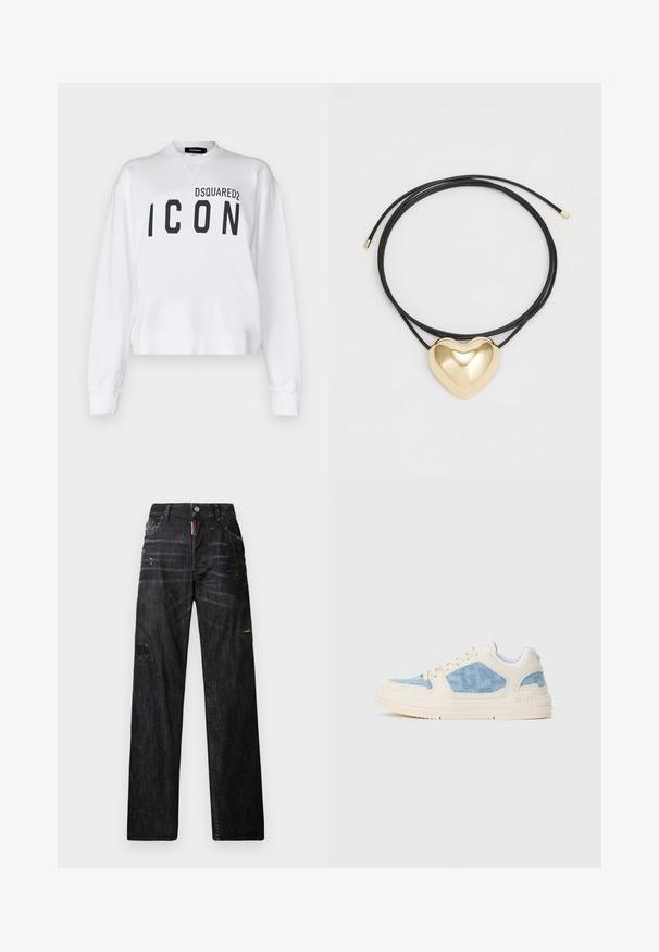 DSQUARED2 ICON COOL FIT CREWNECK - Mikina - white; Černé džíny z denimu s uvolněným střihem, s poškozenými místy a jemnými skvrnami od barvy. Více kapes a zapínání na knoflík.; Nízké tenisky s krémovým svrškem a světlými denimovými akcenty. Mají texturované panely, kulaté tkaničky a gumovou podrážku.; Černý pletený náhrdelník s leštěným zlatým přívěskem ve tvaru srdce s hladkými křivkami a lesklým povrchem.