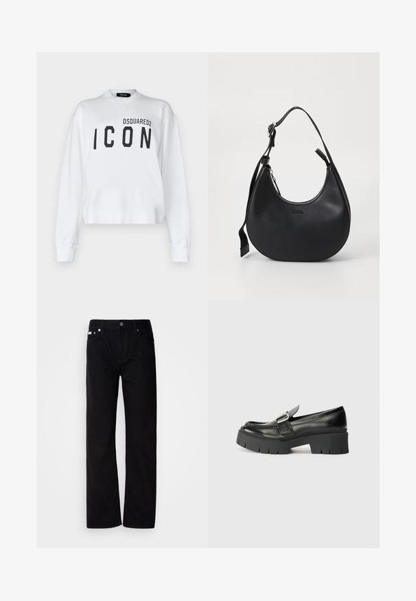 DSQUARED2 ICON COOL FIT CREWNECK - Sweatshirt - white; Svart denim rettfittede bukser med fem lommer, sølvnitter og knappestolpe. Stoffet har en glatt, lett teksturert overflate.; Sorte skinnloafers med en kraftig gummisåle. Har et spenneaksent og broderte detaljer langs overdelen. Flat hel.; Svart skulderveske i skinn med buet form, glidelås og justerbar stropp. Har preget merkevarelogo på forsiden.