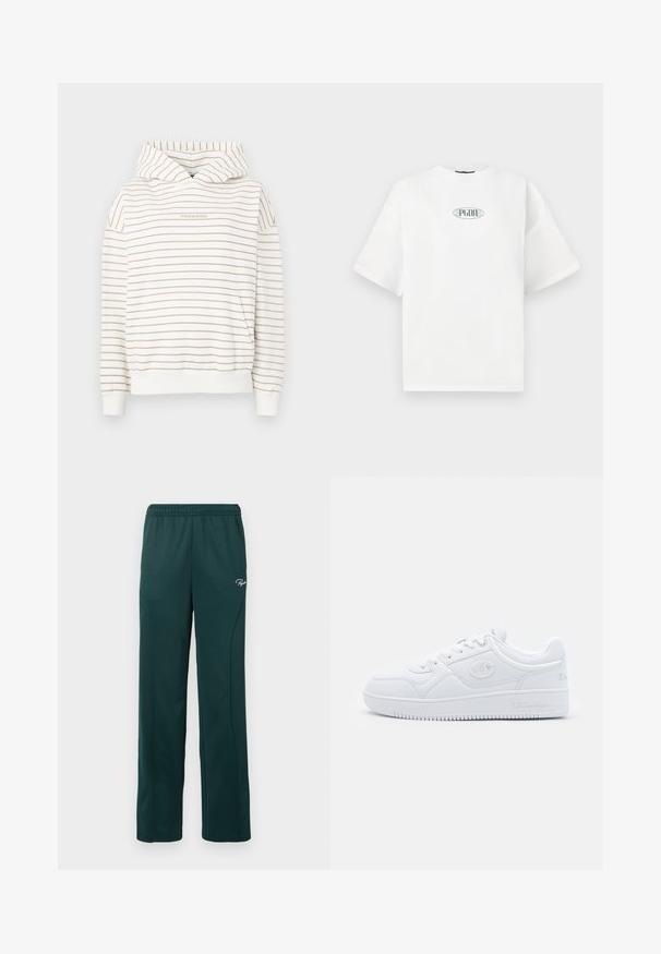 Csíkos kapucnis pulóver krém és bézs színben, állítható kapucnival, bordás mandzsettákkal és elülső kenguruzsebbel. Az "Pecador" felirat hímzett.; Fehér, rövid ujjú póló, amely 100% pamutból készült, zöld színű grafikai logóval az ovális formában, a mellkas közepén.; Sötétzöld, puha anyagból készült melegítőnadrág, rugalmas derékkal és oldalsó varrással, elöl egy kis logóval.; Fehér sneaker sima szintetikus anyagból, kerek orral, lapos talppal, és diszkrét logó dekorációval az oldalán. Klasszikus alacsony fazon.