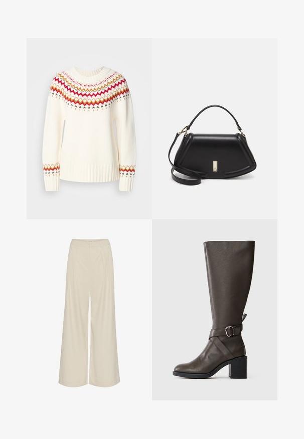 Cream sweater with a ribbed neckline and hem. Features a colorful zigzag pattern in red, gold, and green around the shoulders and sleeves.; Wide-leg trousers in a light beige fabric, featuring pleats, a high waist, and a smooth texture with no visible embellishments.; Dark brown knee-high leather boot with a medium block heel and a decorative strap with silver buckle around the ankle.; Black leather handbag with a structured design, featuring a cropped shape, top handle, and gold hardware accent. Adjustable shoulder strap included.