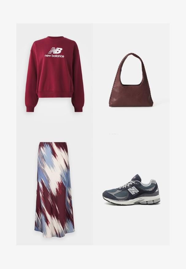 Μπορντό φούτερ με ριγωτό λαιμό και μακριά μανίκια. Διαθέτει τους ώμους χαμηλωμένους και άσπρο λογότυπο "New Balance" στο μπροστινό μέρος.; Μακριά φούστα με διαγώνιο σχέδιο tie-dye σε μπορντώ, μπλε και κρέμα, φτιαγμένη από μαλακό ύφασμα με ρο流ούσα σιλουέτα και ελαφριά γυαλάδα.; Παπούτσια New Balance με ναυτικό διχτυωτό και σουέτ επάνω μέρος, γκρι λεπτομέρειες, λευκό λογότυπο, μαξιλαρωτή σόλα και υφή στην επιφάνεια.; Χειροποίητη δερμάτινη τσάντα χρώματος μπορντώ με τριγωνικό σχήμα, ανοιχτό πάνω μέρος και πλεγμένη λεπτομέρεια στον χειρισμό. Λείο υλικό με ματ φινίρισμα.