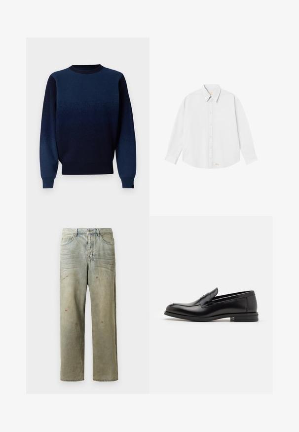 Navy gradient sweater in soft knit fabric, featuring a crew neckline, ribbed cuffs, and hem. Color transitions from dark to lighter navy.; White button-up shirt with a classic collar, long sleeves, and a rounded hem; features small orange logo at the bottom left side.; Distressed denim jeans in light green, featuring a straight leg, five-pocket design, and uneven fading with paint splatters.; Black leather loafers with a smooth texture, rounded toe, and a decorative strap across the vamp. Low stacked heel, minimalist design.