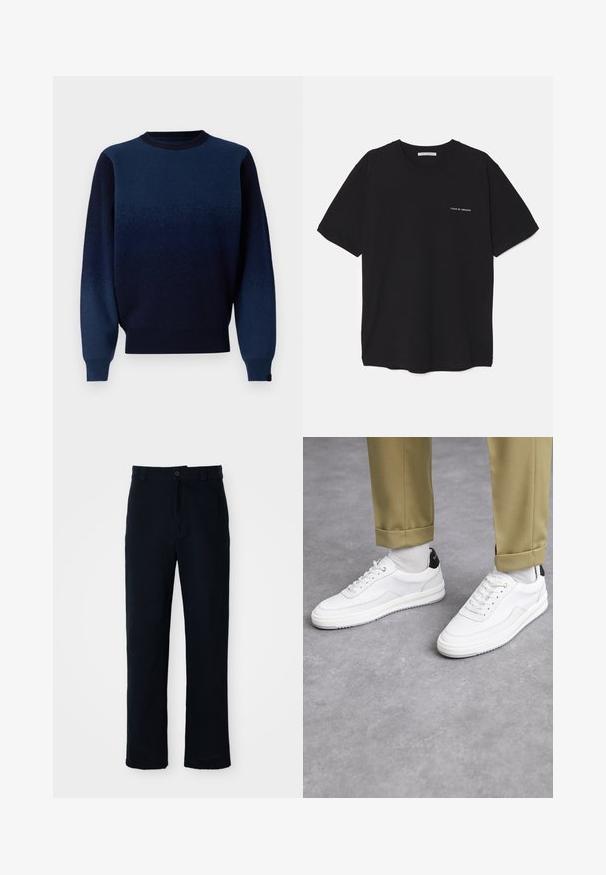 Maglione sfumato in blu navy in morbido tessuto a maglia, con scollo a girocollo, polsini e orlo a costine. La tonalità passa da un blu navy scuro a un blu navy più chiaro.; T-shirt in cotone nero con collo rotondo, maniche corte e stampa bianca del logo sul lato sinistro del petto. Design semplice e monocromatico.; Pantaloni color blu navy in cotone, con design a gamba dritta, chiusura con bottone frontale e vita classica con passanti per cintura.; Sneaker bianchi con finitura in pelle testurizzata, punta arrotondata e accentuazione nera sul tallone. Suola in gomma con piccolo motivo di battistrada e dettagli cuciti.