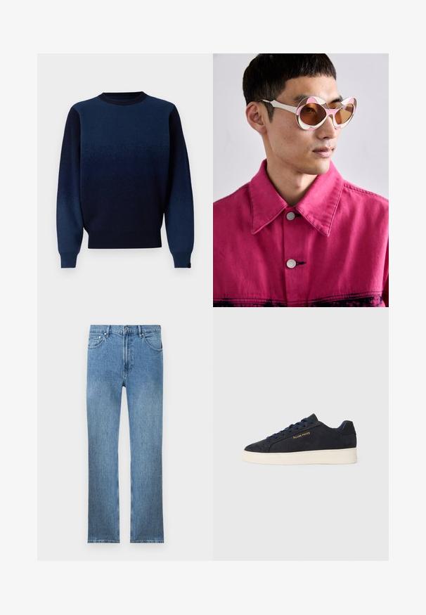 Tume sinine gradient-kampsun pehmest kudumisest, millel on ümar kaelus, soonikud varrastes ja allääres. Värv üleminek tumedast heledamale sinisele.; Heledsinine teksapüksid sirge lõikega, viie taskuga, tõmblukuga ning kontrastsete õmblustega. Kanga pind on sile ja tekstuuriga.; Tumedat sinine seemisnahast madala profiiliga tennis, valge tossutald, tumesinised paelad ning küljes kuldne "Filling Pieces" logo.; Valged ja roosad ülemõõdulised prillid kaarjate raamidega, millel on pruuni tooni objektiivid. Mudel kannab roosat teksajakki koos kraega.