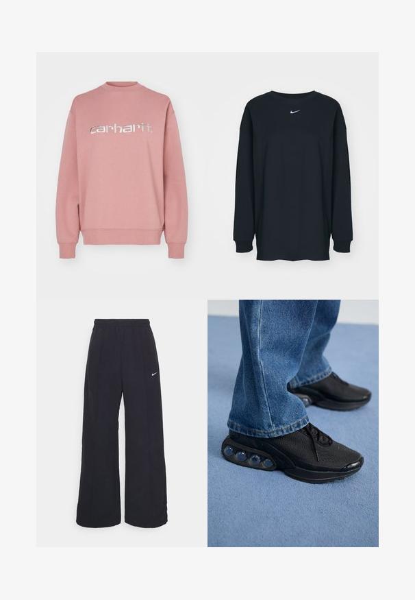 Sweatshirt rosa feito de uma mistura de algodão, com decote redondo e punhos canelados. Grande logotipo prateado "carhartt" atravessando o peito.; Camisola preta de mangas longas feita de algodão com decote redondo. Apresenta um logótipo branco da Nike no peito. Textura suave, design simples.; Calças largas pretas com um cós elástico e um pequeno logótipo branco da Nike. O tecido tem uma textura suave, projetado para conforto e uso casual.; Ténis atléticos pretos com parte superior em malha, detalhes texturizados e almofadas de amortecimento de ar visíveis na sola. Usados com uns jeans de ganga azuis.