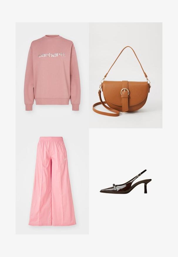 Rosa Sweatshirt aus Baumwollmischung, mit Rundhalsausschnitt und gerippten Bündchen. Großes silbernes "Carhartt"-Logo auf der Brust.; Rosa weit geschnittene Hosen aus einem leichten Stoff, mit einem elastischen Bund und dezenten weißen Seitenstreifen. Kleines Logo auf der Vorderseite.; Braune Lackleder-Slingback-Schuhe mit spitzem Zehenbereich, niedrigem Absatz und einer dekorativen Schleifenakzent an der Vorderseite. Glatte, glänzende Textur.; Braune Leder-Crossbody-Tasche mit geschwungener Form, goldfarbenen Beschlägen und einer Schnallenakzentuierung. Verfügt über einen abnehmbaren Schultergurt.