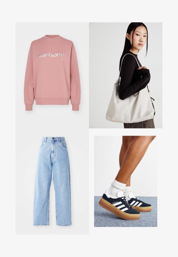 Felpa rosa realizzata in misto cotone, con scollo rotondo e polsini a costine. Grande logo "carhartt" argentato sul petto.; Jeans in denim azzurro chiaro a vita alta con gambe larghe e dritte, chiusura frontale con bottone e zip, e tasche anteriori e posteriori.; Sneakers in pelle scamosciata nera con strisce e dettagli bianchi, punta arrotondata, suola in gomma color gomme, abbinate a calzini bianchi a coste alla caviglia.; Borsa a mano beige realizzata in materiale morbido, caratterizzata da un design morbido, dettagli cuciti e due manici. Adatta per l'uso quotidiano.