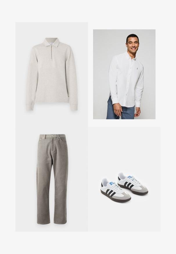 Jasnoszara polo z długim rękawem, z półzamkiem pod szyją, z kołnierzykiem i rękawami wykończonymi mankietami, wykonana z miękkiej teksturowanej tkaniny.; Biała koszula z długim rękawem z guzikami, z małym logo na klatce piersiowej, w połączeniu z jasnoniebieskimi spodniami. Gładka tkanina z klasycznym kołnierzykiem.; Szare spodnie z korduroju o prostym kroju nogawek, z wysokim stanem, kieszeniami z przodu i subtelną, pionową teksturą prążkowaną.; Buty sportowe z białą skórzaną cholewką, szarym zamszowym noskiem i trzema czarnymi paskami. Posiadają niebieskie logo na języku oraz teksturowaną gumową podeszwę.