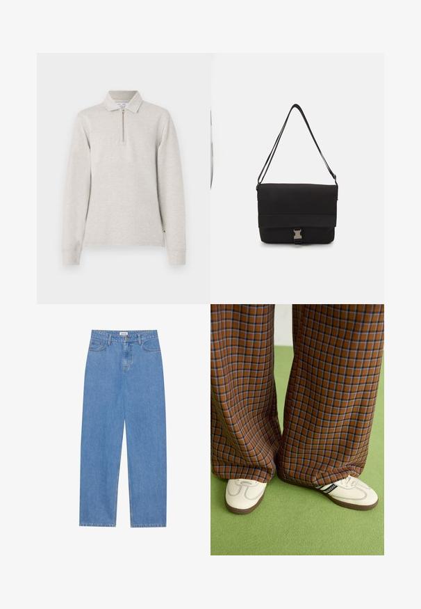 Light gray long-sleeve polo shirt with a half-zip neck, collared design, and cuffed sleeves made from a soft textured fabric.; Light blue denim jeans with a straight cut, five-pocket design, single button closure, and subtle stitching details on the seams.; Brown and blue plaid wide-leg trousers paired with white shoes featuring black accents and textured soles, set against a green background.; Black messenger bag made of smooth material, featuring a fold-over flap, silver clasp hardware, and an adjustable shoulder strap.