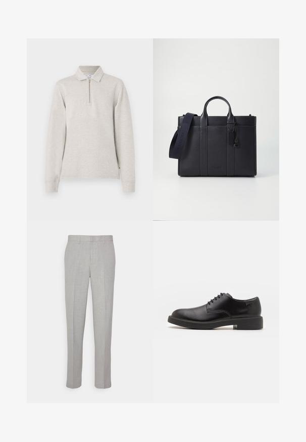 Jasnoszara polo z długim rękawem, z półzamkiem pod szyją, z kołnierzykiem i rękawami wykończonymi mankietami, wykonana z miękkiej teksturowanej tkaniny.; Jasnoszare spodnie o gładkiej fakturze, z płaskim przodem i prostymi nogawkami. Wykonane z przewiewnej tkaniny, z wewnętrznymi kieszeniami i pętelkami na pasek.; Czarny skórzany but za kostkę z okrągłym noskiem, gładką fakturą, minimalnym przeszyciem i niskim gumowym obcasem. Logo na pięcie.; Ciemnogranatowa skórzana teczka z podwójnymi rączkami u góry i odpinanym paskiem. Posiada teksturowane wykończenie, pionowe przeszycia oraz detal z logo.