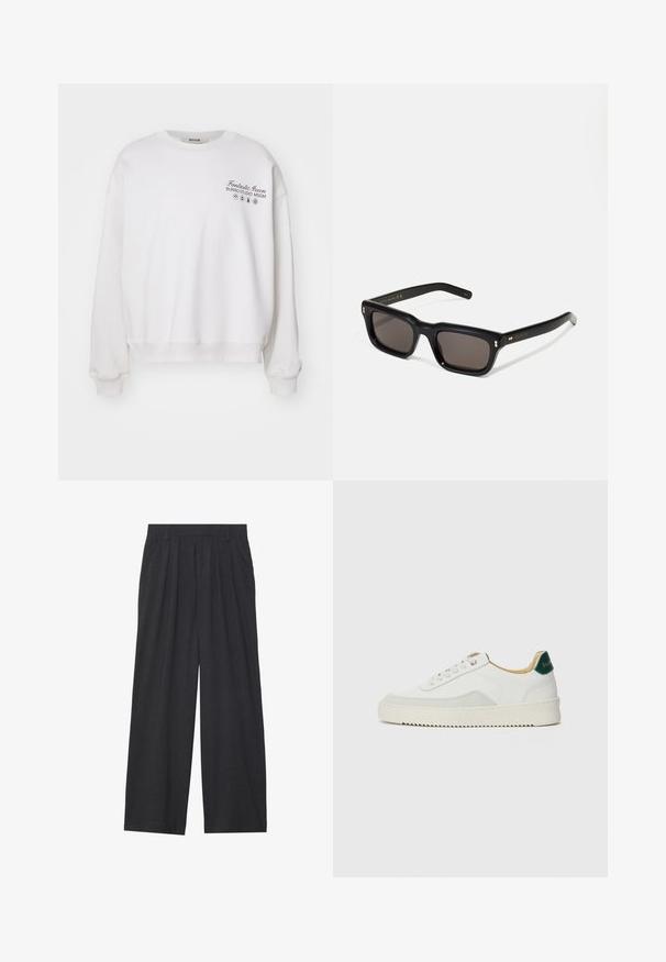 Weißer Pullover mit Rundhalsausschnitt, lockerer Passform und gerippten Bündchen. Verfügt über gestickten Text und Icons im linken Brustbereich.; Weit geschnittene Hosen aus dunkelgrauem Stoff. Merkmale sind Falten an der Taille, ein maßgeschneiderter Schnitt und eine gerade Silhouette.; Weiße Sneaker mit Wildlederelementen, runder Zehenpartie, flachen Schnürsenkeln und einer cremefarbenen Gummisohle. Mit grünen Markenlogo am Fersenbereich.; Schwarze rechteckige Sonnenbrille mit dunklen Gläsern, dickem Kunststoffrahmen, goldenen Akzenten an den Bügeln und eingraviertem Markenlogo am Arm.