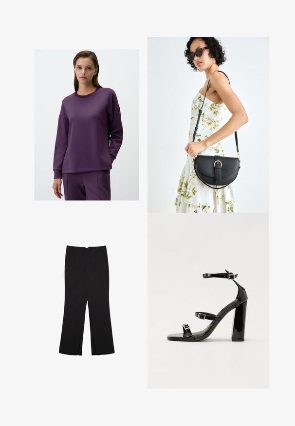 Felpa lunga viola in tessuto morbido, con scollatura rotonda e vestibilità comoda con spalle abbassate.; Pantaloni neri a gamba dritta, con tasche frontali e spacchi laterali all'orlo. Realizzati in tessuto morbido e liscio. Adatti a diverse occasioni.; Sandali con tacco alto in vernice nera con due cinturini con fibbia, punta quadrata e tacco spesso a blocco, caratterizzati da una texture liscia e lucida.; Borsa a tracolla nera in pelle con una forma curva, manico rimovibile e accessori dorati. La borsa presenta una patta con un dettaglio a fibbia.