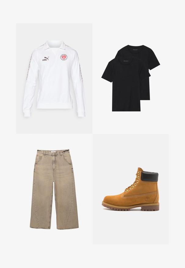 Bílý dlouhý rukáv s polo límcem, hnědý logo a text, vzorované akcenty na rukávech a žebrované manžety.; Dvě černé bavlněné tričko s krátkým rukávem, kulatým výstřihem a hladkou texturou, vystavené naskládané k sobě.; PULL&BEAR MEGA BAGGY - Baggy džíny - light grey; Hnědé semišové kotníkové boty s černým polstrovaným límcem, zlatými kovovými očky, bílým prošíváním a odolnou gumovou podrážkou s výraznými drážkami.