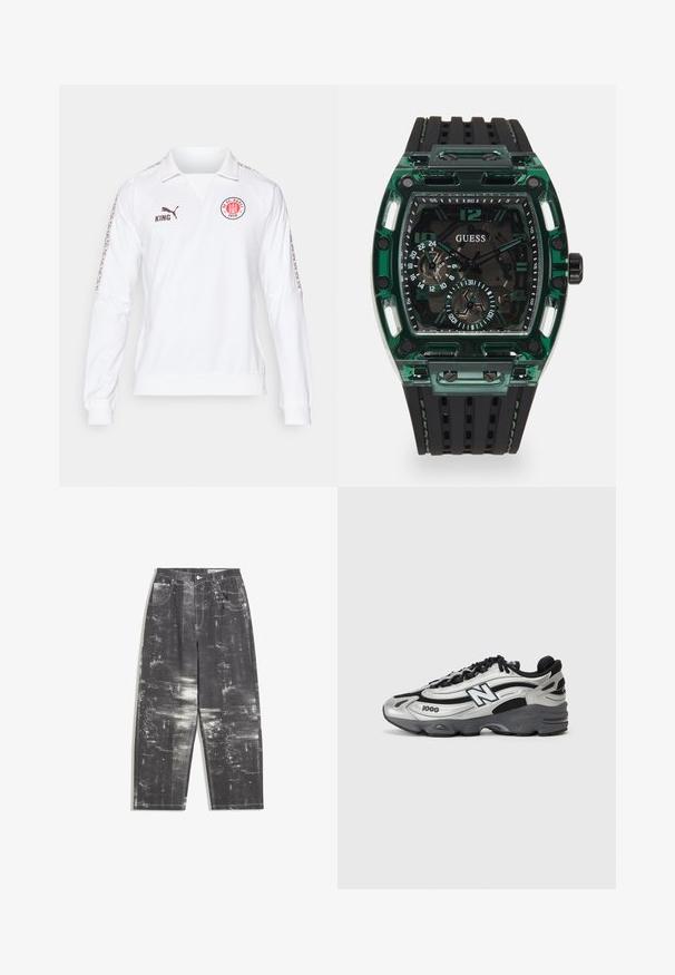 Valkoinen pitkähihainen t-paita, jossa on pikee-kaulus, ruskea logo ja teksti, kuvioidut yksityiskohdat hihoissa ja ribattu hihansuu.; Mustat farkut, joissa on teksturoitu abstrakti kuvio harmaan sävyissä, klassisella viiden taskun muotoilulla ja suoran lahkeen leikkauksella.; Hopeanväriset ja mustat urheilukengät, joissa on verkkosynteettinen päällinen, pehmustettu pohja, nauhakiinnitys ja sivupainatus.; Guess-kellossa on suorakulmainen vihreä muovikotelo, musta teksturoidusta kumihihna ja useita kellotauluja, joissa on rohkeat numerot ja korostukset.