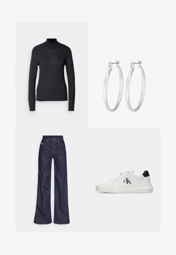 Suéter negro de manga larga con cuello de tortuga, hecho de un tejido de punto suave y ligero. Presenta una forma ajustada y un cuello acanalado para un aspecto estilizado.; Vaqueros de pierna ancha de color azul oscuro, fabricados en denim, con cintura alta, costuras naranjas, diseño de cinco bolsillos y cierre de botón.; Zapatilla baja blanca con talón negro, suela de plataforma, cordones y logotipo "CK" de Calvin Klein en el lado.; Pendientes de aro de plata con un acabado liso y pulido. Forma redonda y cierre de click seguro. Diseño ligero adecuado para el uso diario.