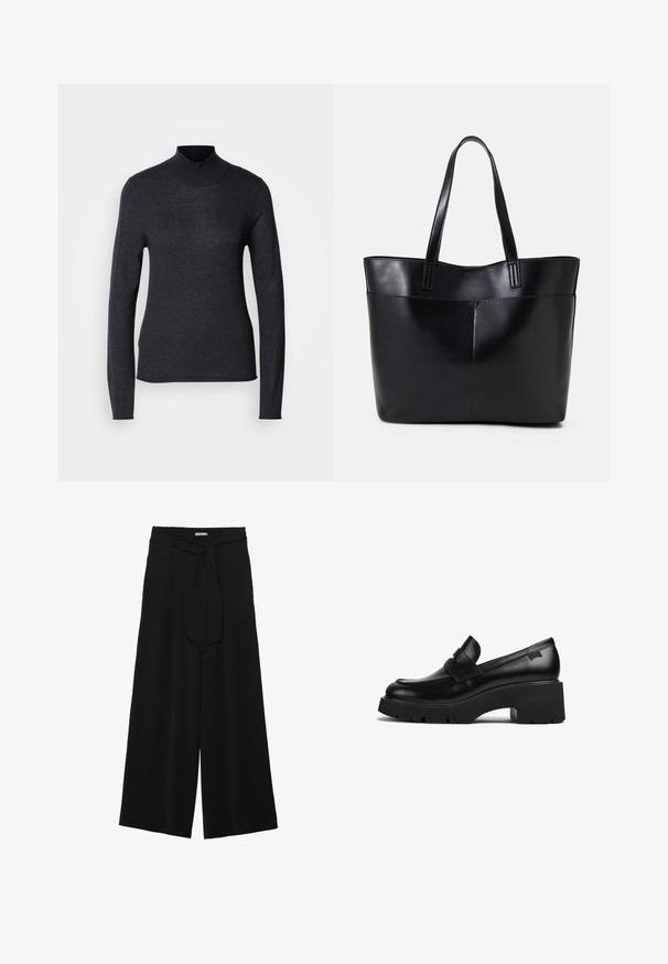 Schwarzer, langärmeliger Rollkragenpullover aus einem weichen, leichten Strickstoff. Hat eine figurbetonte Passform und einen gerippten Kragen für einen eleganten Look.; Schwarze weite Hosen aus strukturiertem Stoff, mit elastischem Bund und einem abnehmbaren Bindegürtel in der Taille für eine verstellbare Passform.; Schwarze Leder-Loefer mit klobigem Absatz, dicker Sohle und einem Riemen über der Oberseite, seitlich auf einem weißen Hintergrund gezeigt.; Schwarze Leder-Shopper-Tasche mit zwei langen Griffen, einer glatten Textur und einer strukturierten Form. Verfügt über eine Vordertasche für zusätzlichen Stauraum.