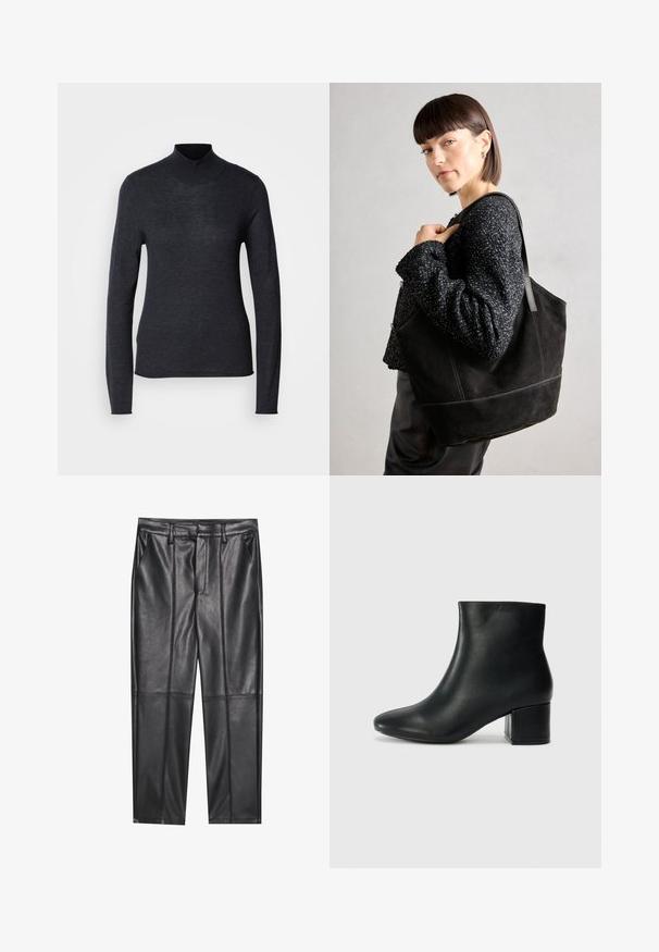 Schwarzer, langärmeliger Rollkragenpullover aus einem weichen, leichten Strickstoff. Hat eine figurbetonte Passform und einen gerippten Kragen für einen eleganten Look.; Schwarze Lederhosen mit glatter Textur, gerader Passform, zwei Fronttaschen und sichtbaren Nahtdetails.; Schwarze Leder-Ankle-Boots mit spitzem Zehenbereich und klobigem Absatz. Glatte Textur mit minimalen Akzenten und einem eleganten, taillierten Design.; Schwarze Wildleder-Tote-Tasche mit glatter Textur, strukturiertem Design und kontrastierenden Nähten. Verfügt über lange Träger zum Tragen über der Schulter.