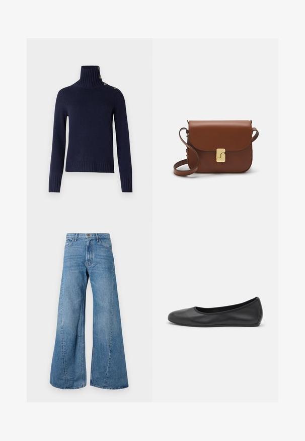 Marineblauwe gebreide trui met een hoge ribbels-kraag, drie knopen als accent bij de hals en een getextureerde ribbels onderrand.; Brede blauwe denim jeans met een hoge taille, voorzien van klassieke vijf-pocket styling en een lichte vervaging voor textuur.; Zwarte leren ballerina met een ronde neus, gladde textuur, minimale stikdetails en een flexibele zoolontwerp.; Bruine leren handtas met een klep sluiting, gouden hardware, een schouderband en een gladde textuur. Compact rechthoekige vorm.